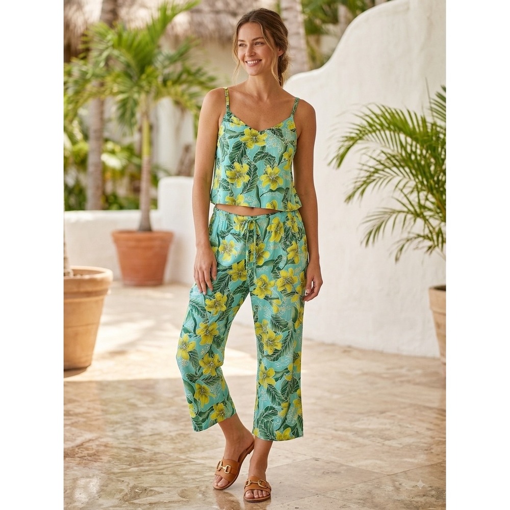 Jams World tiki Hawaiian floral 2 piece set cami cropped pants Size XL turquoise
